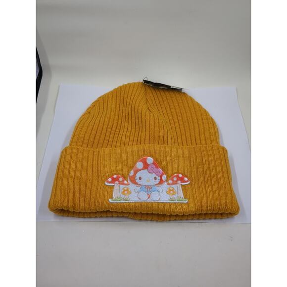 Hello Kitty Friends Mustard Yellow Mushrooms Toadstool Beanie Knit Cap O/S NWT - Picture 1 of 6